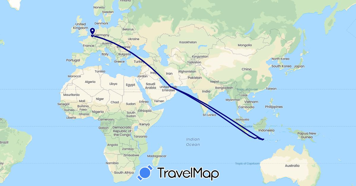 TravelMap itinerary: driving in United Arab Emirates, Belgium, Indonesia (Asia, Europe)